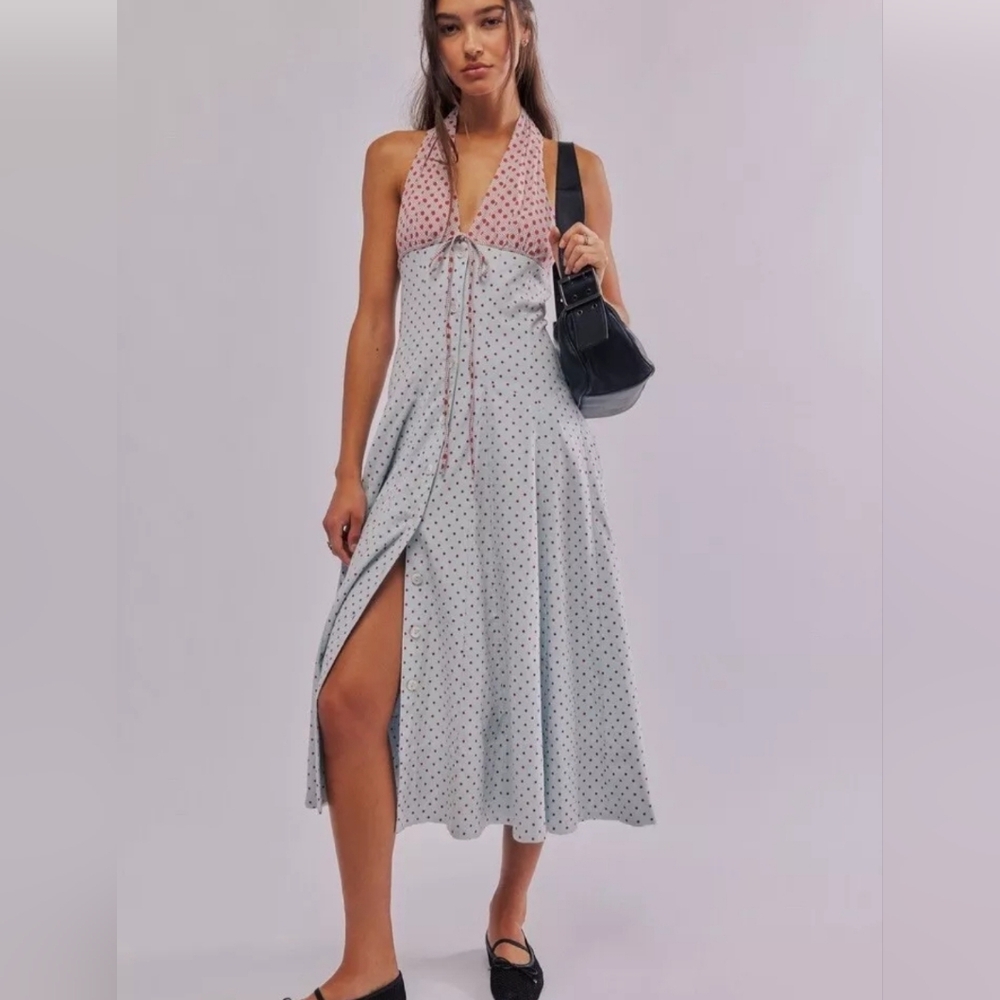 Free People Stelladonna Midi Maxi Dress Halter Polka Dot Powder Blue Red Combo